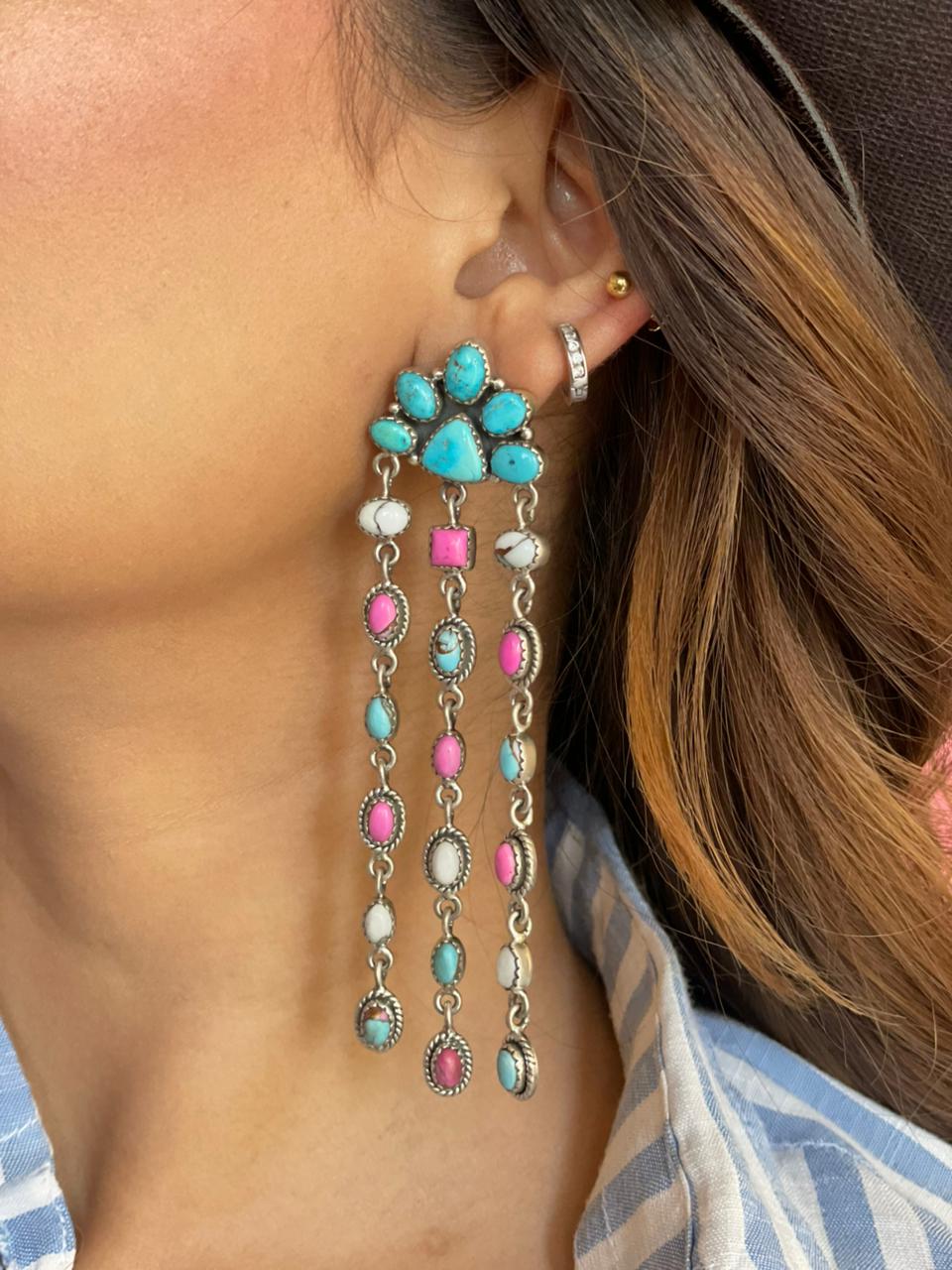 Handmade Sterling Silver Sierra Bella Turquoise with Cotton Candy Collection: Post Dangle Earrings "Signed Nizhoni" (2)