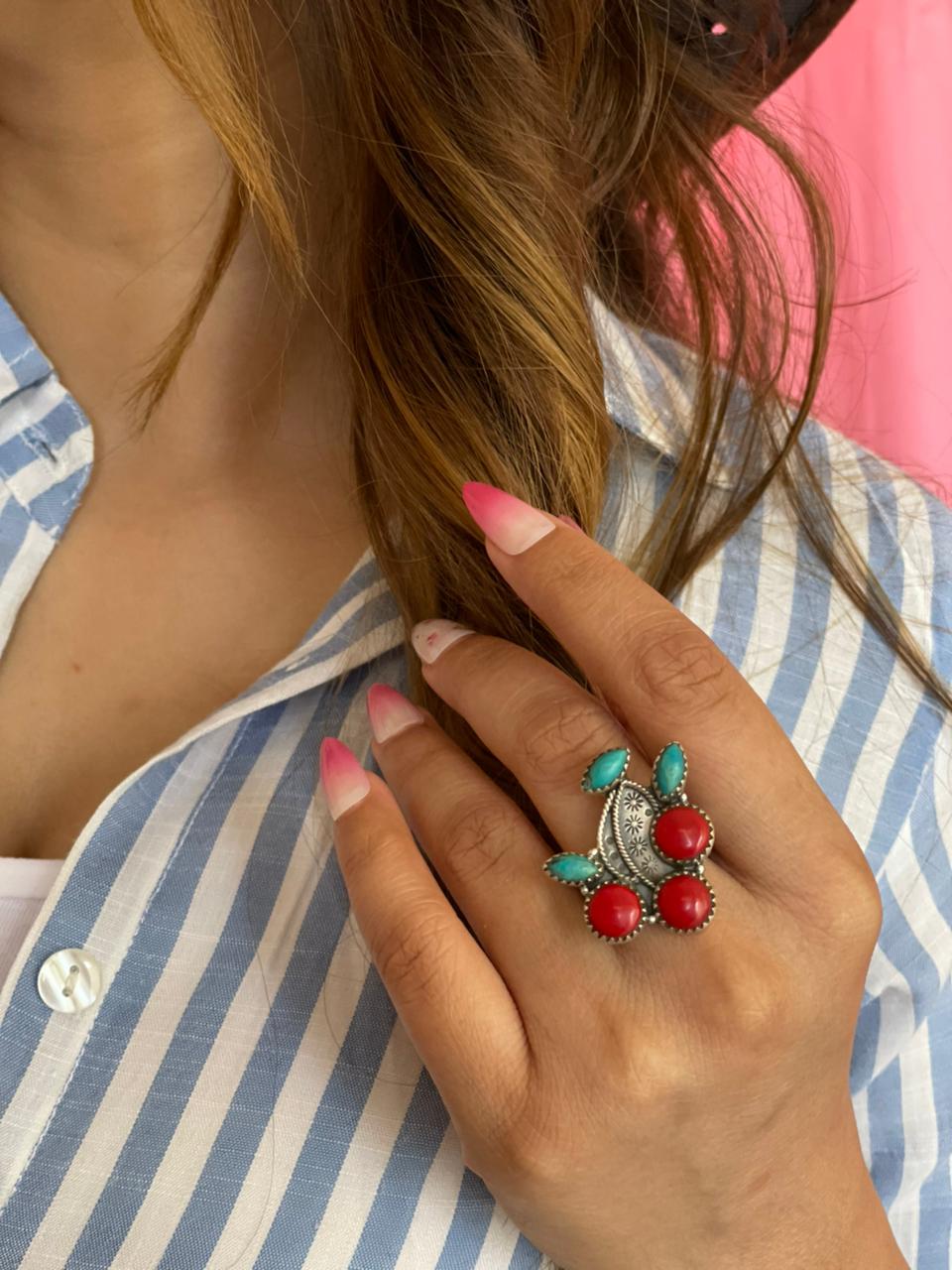 Handmade Sterling Silver Kingman Turquoise with Rosarita Adjustable Cherry Ring "Signed Nizhoni"