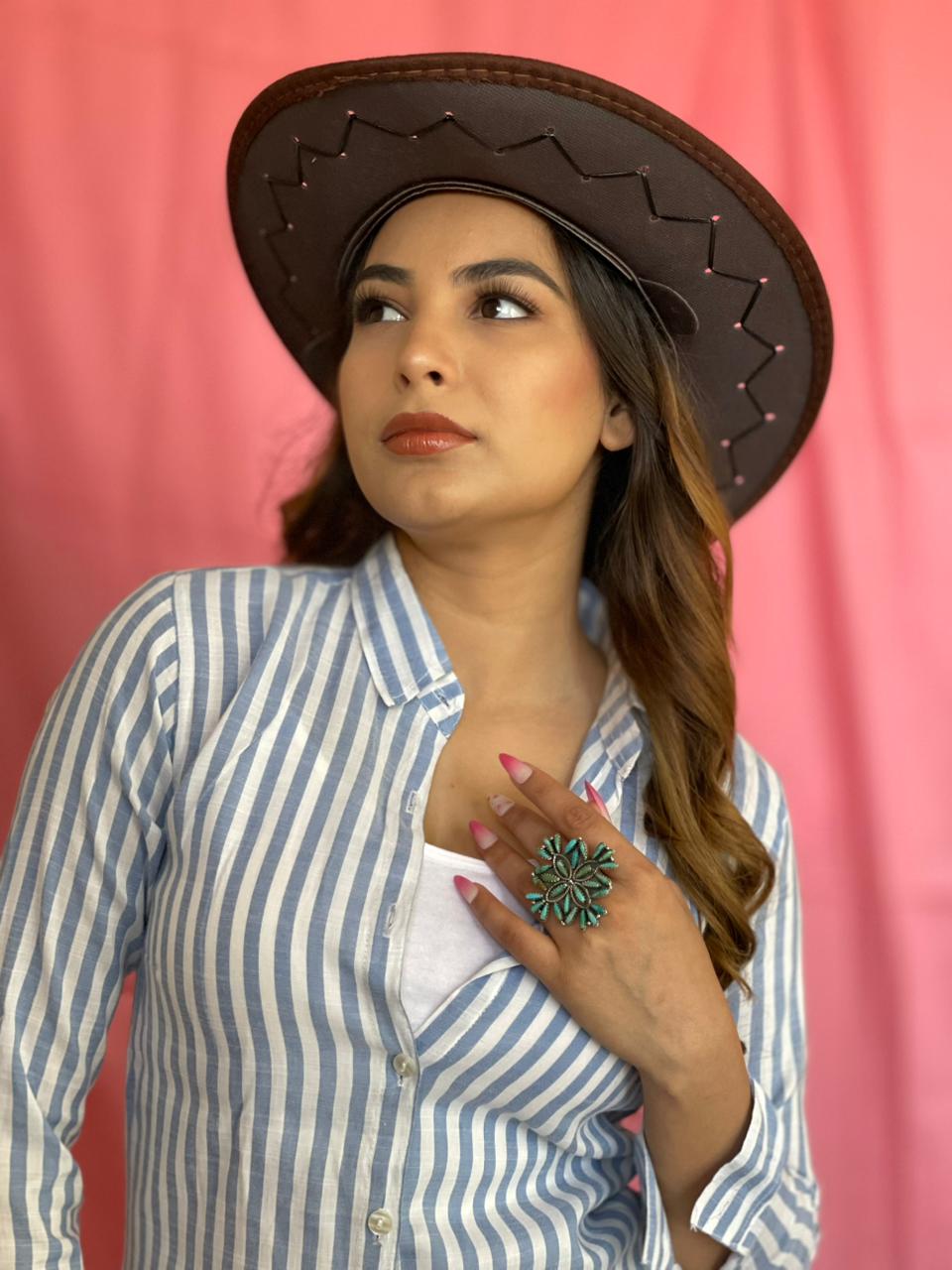 Handmade Sterling Silver Kingman Turquoise Flower Adjustable Ring "Signed Nizhoni"