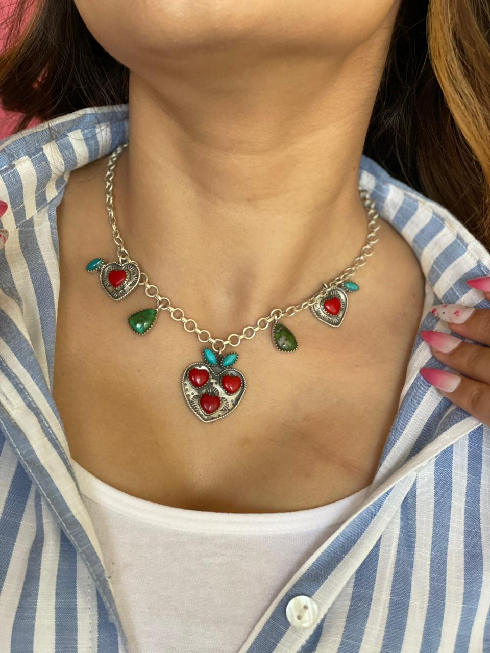 Handmade Sterling Silver Kingman with Sonoran Mountain Turquoise and Rosarita Cherry Necklace "Signed Nizhoni"