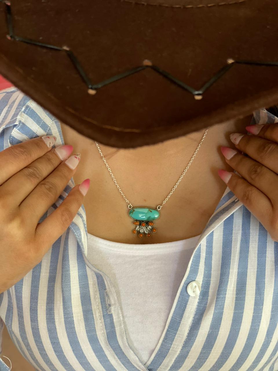 Handmade Sterling Silver Kingman Turquoise with Orange Mojave Necklace "Signed Nizhoni"