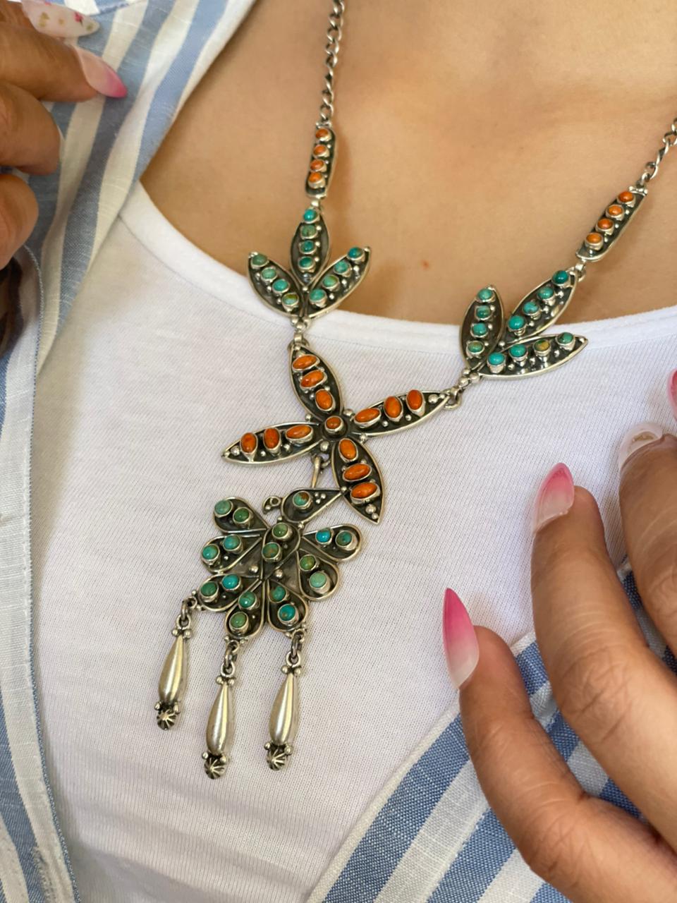 Handmade Sterling Silver Kingman Turquoise with Orange Mojave Necklace "Signed Nizhoni"