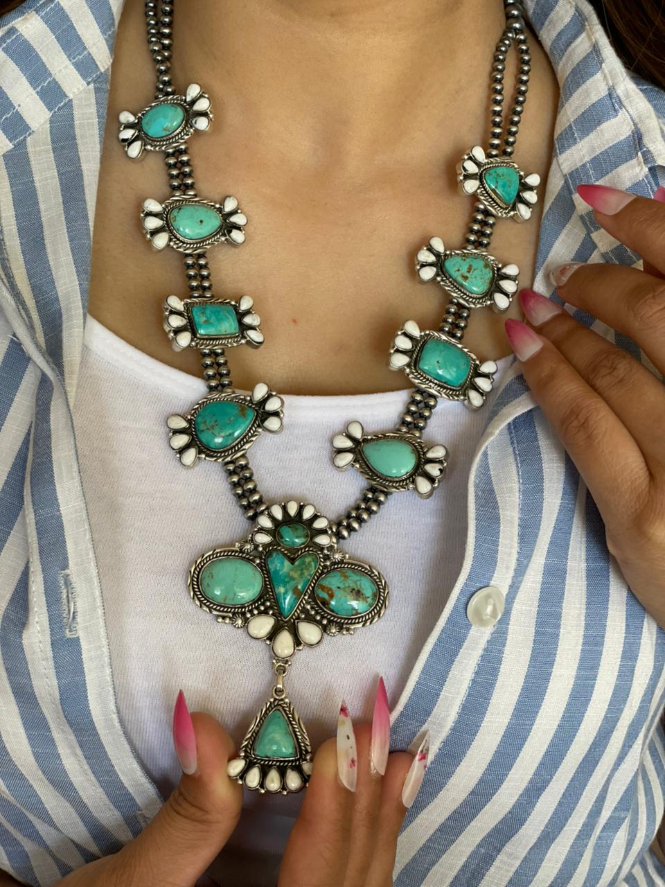 Handmade Sterling Silver Kingman Turquoise with White Buffalo Beaded Necklace "Signed Nizhoni"