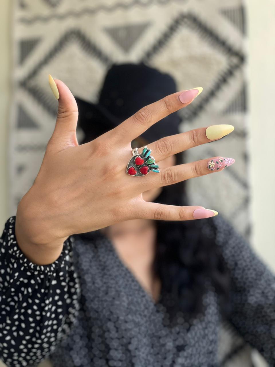 Handmade Sterling Silver Rosarita with Sonoran Mountain and Kingman Turquoise Cherry Adjustable Ring "Signed Nizhoni"