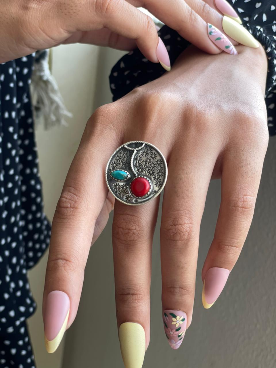Handmade Sterling Silver Rosarita with Kingman Turquoise Cherry Adjustable Ring "Signed Nizhoni"