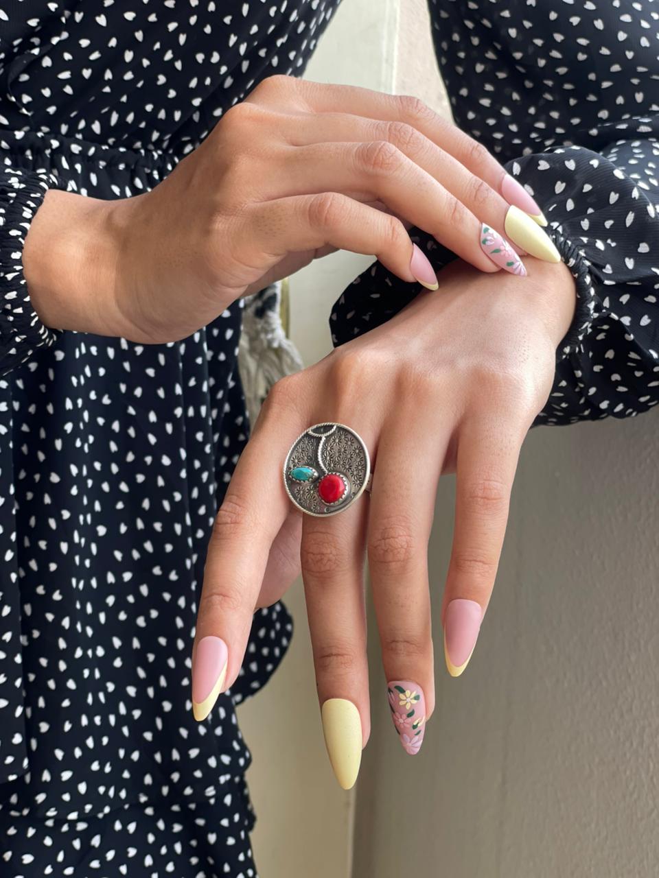Handmade Sterling Silver Rosarita with Kingman Turquoise Cherry Adjustable Ring "Signed Nizhoni"