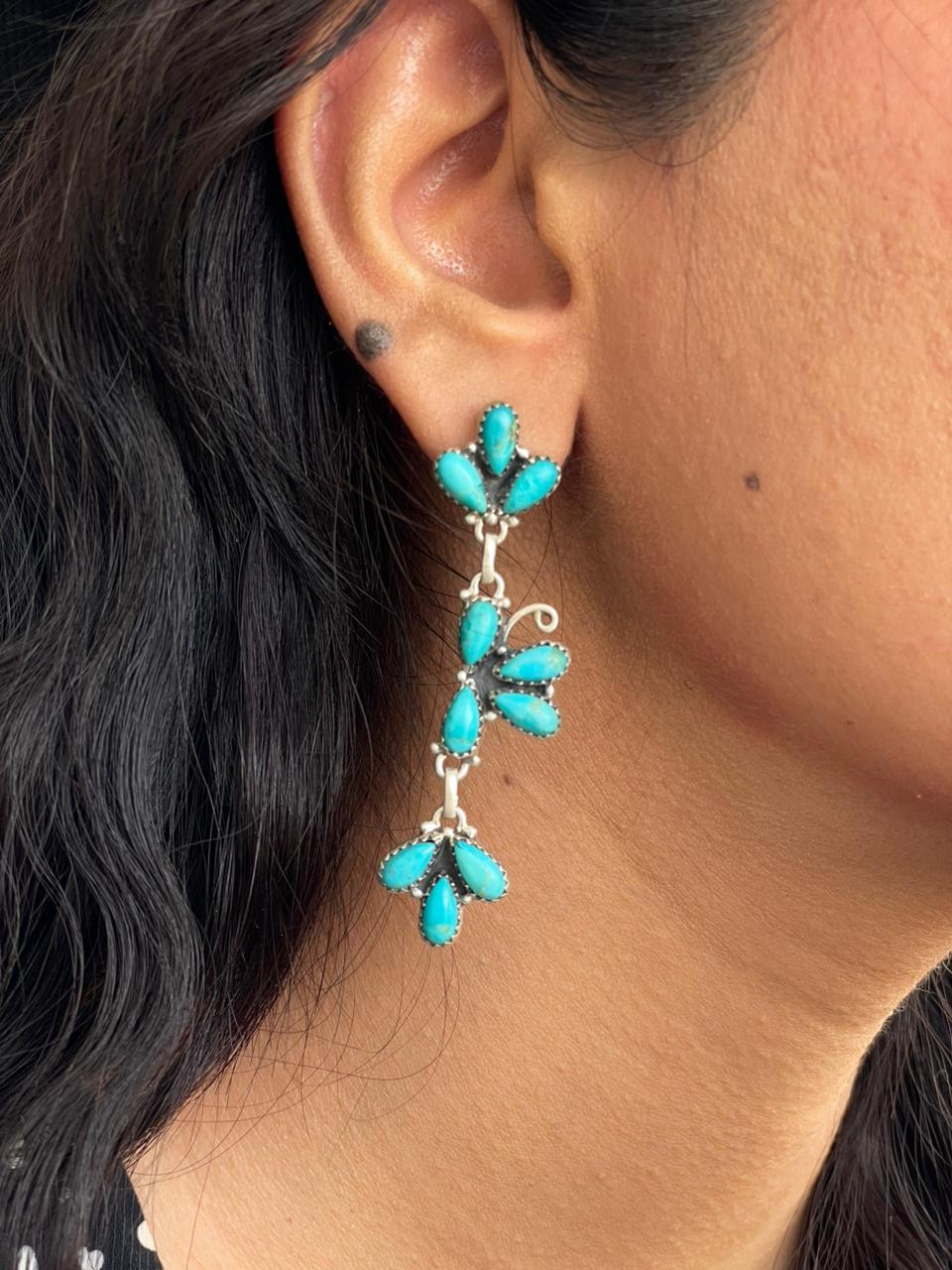 Handmade Sterling Silver Kingman Turquoise Post Dangle Earrings "Signed Nizhoni"
