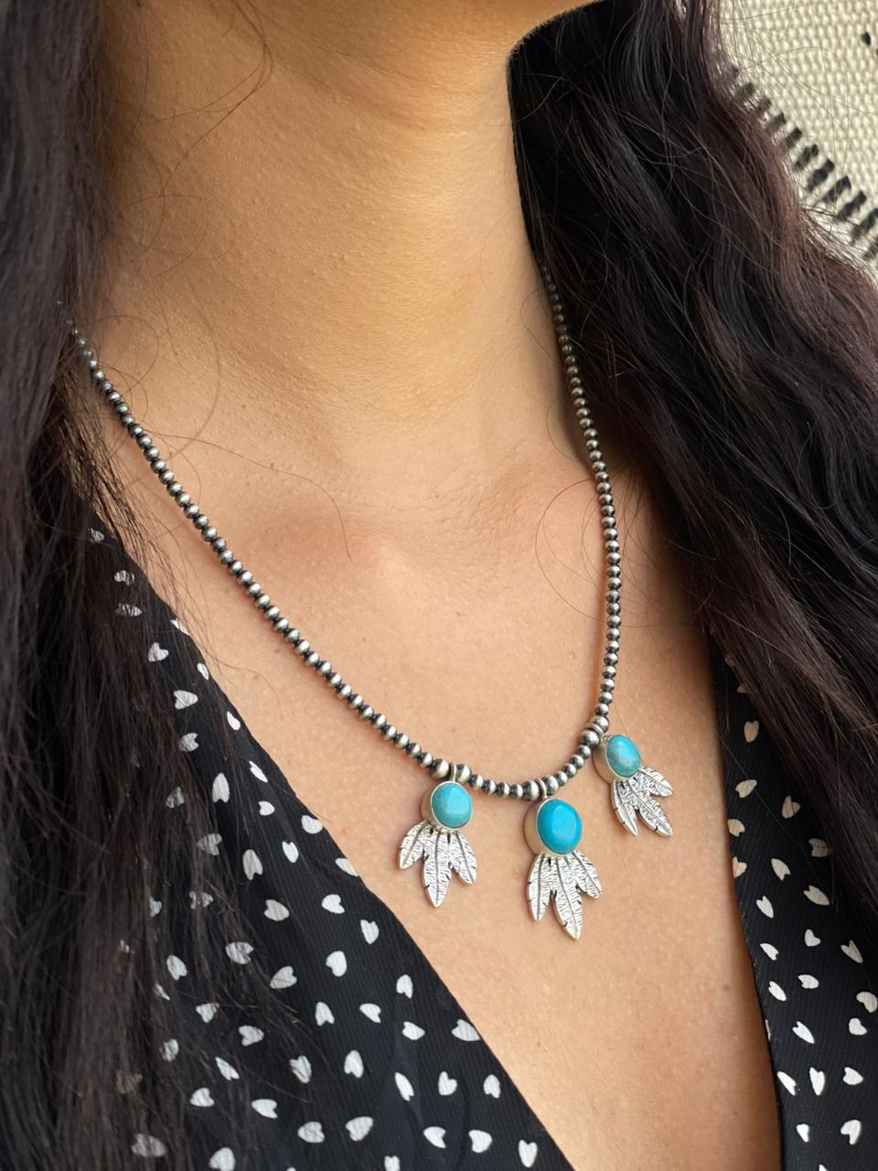 Handmade Sterling Silver Blue Kingman Turquoise Beaded Necklace "Signed Nizhoni"