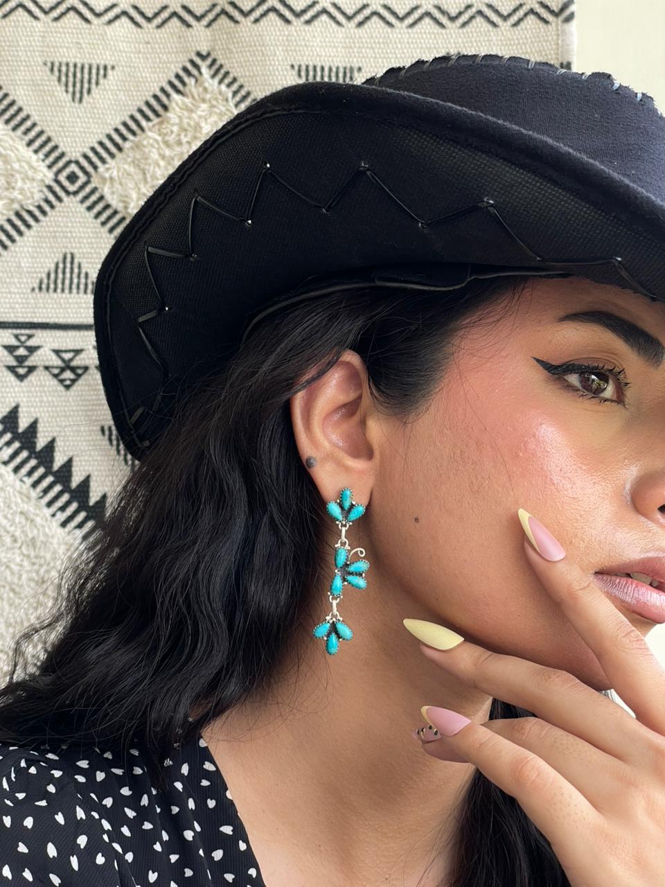 Handmade Sterling Silver Kingman Turquoise Post Dangle Earrings "Signed Nizhoni"