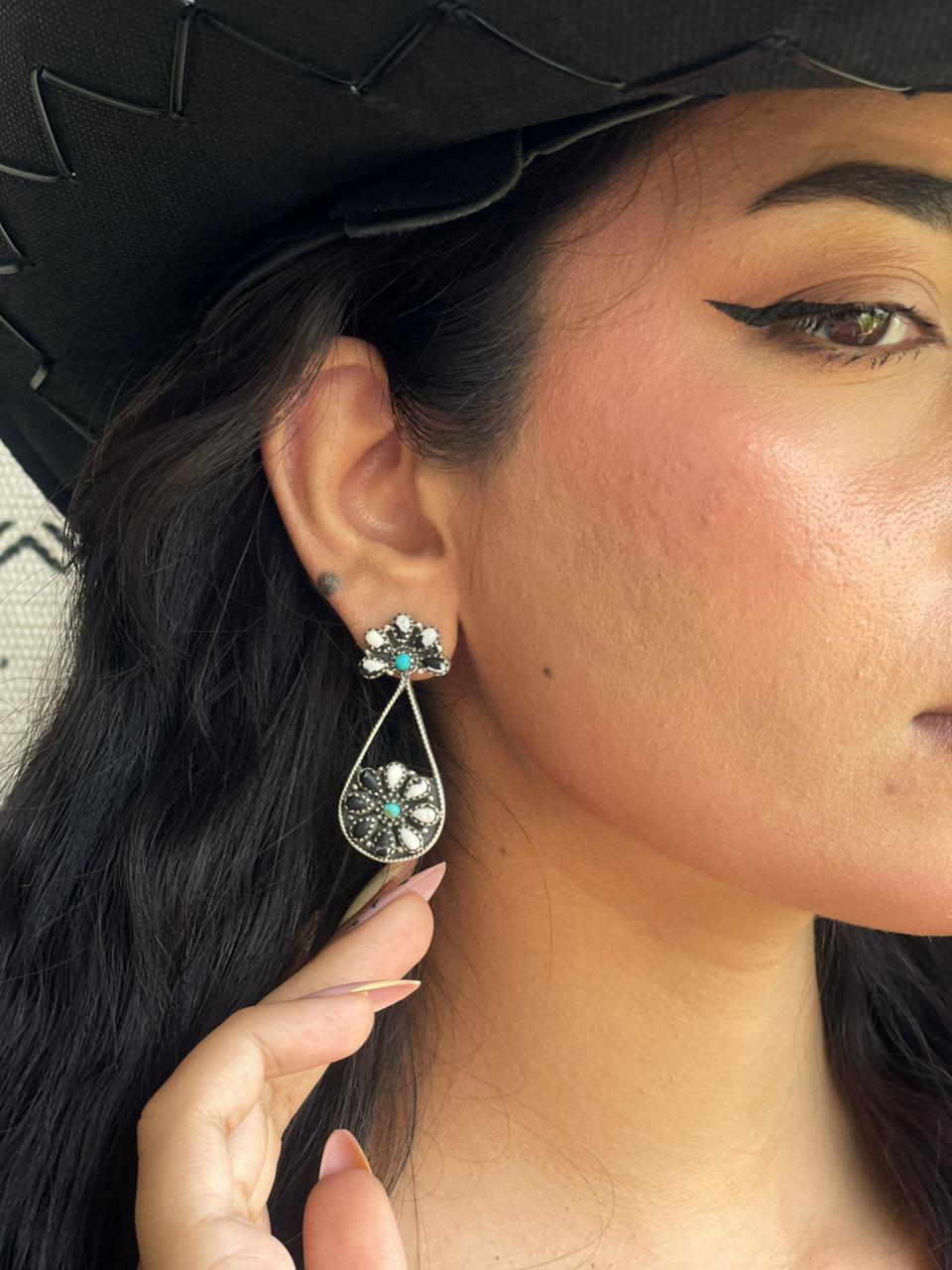 Handmade Sterling Silver Kingman Turquoise with White Buffalo Post Dangle Earrings "Signed Nizhoni"