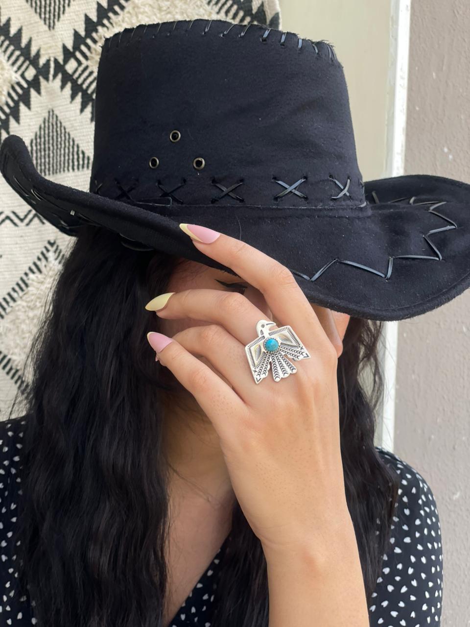 Handmade Sterling Silver Kingman Turquoise Thunderbird Adjustable Ring "Signed Nizhoni"