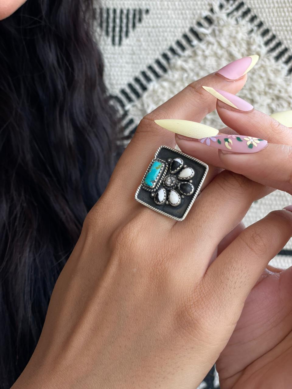 Handmade Sterling Silver White Buffalo with Kingman Turquoise Adjustable Ring "Signed Nizhoni"