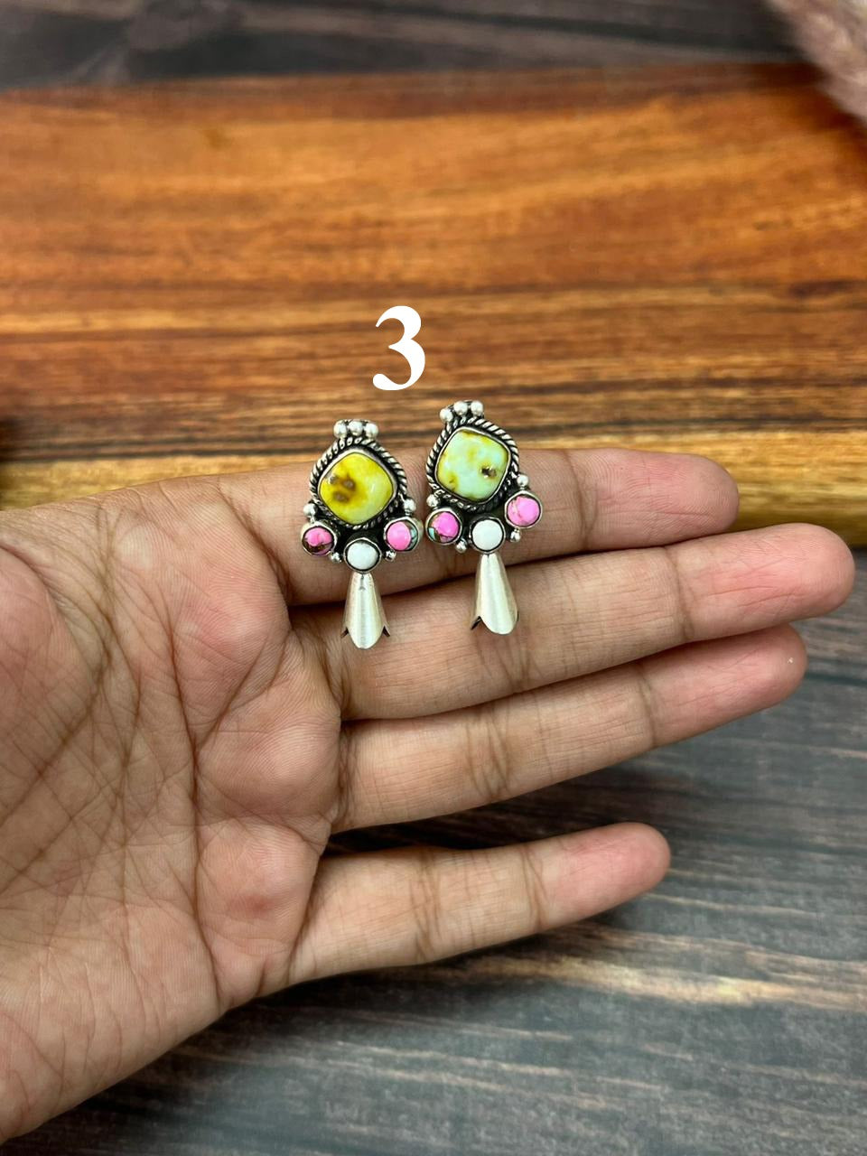 Handmade Sterling Silver Spring Collection: Palomino Turquoise with Cotton Candy and White Buffalo Post Earrings "Signed Nizhoni"