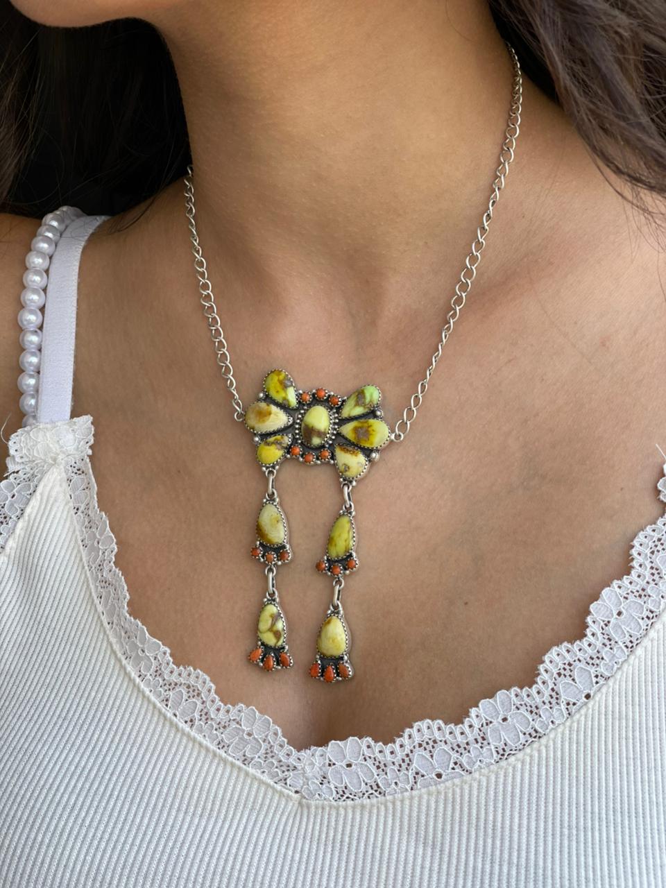 Handmade Sterling Silver Palomino Turquoise with Orange Mojave Necklace "Signed Nizhoni"