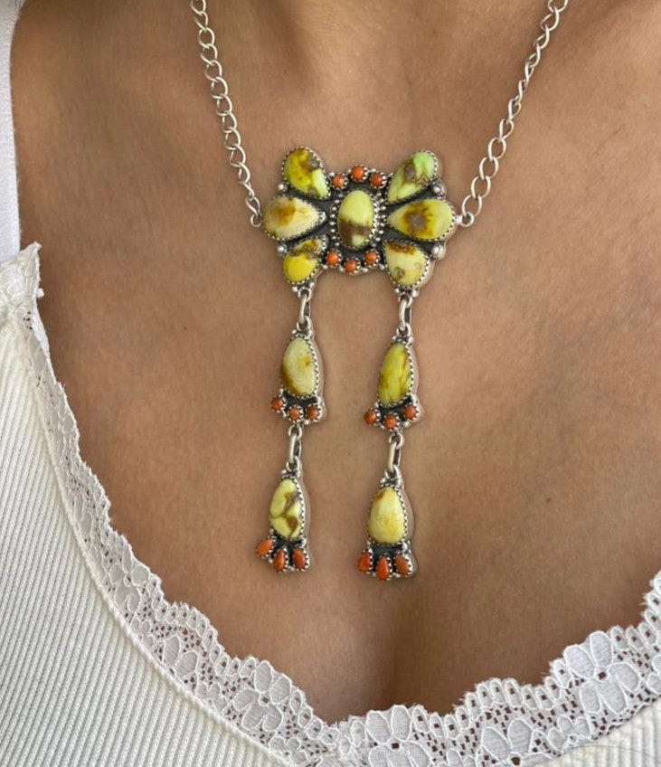 Handmade Sterling Silver Palomino Turquoise with Orange Mojave Necklace "Signed Nizhoni"