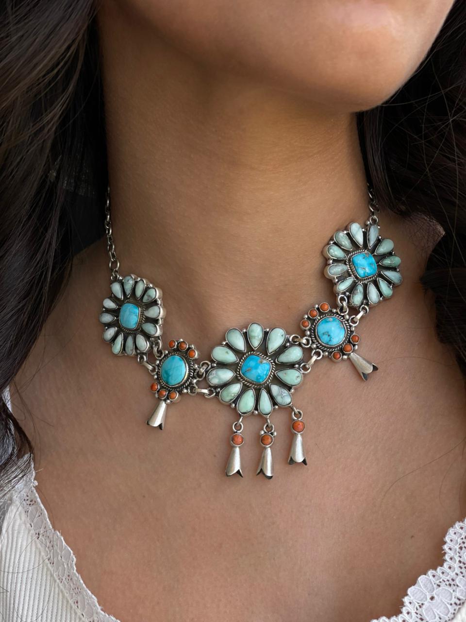 Handmade Sterling Silver White Water with Orange Mojave and Paloma Turquoise Choker Squash Blossom Necklace "Signed Nizhoni"