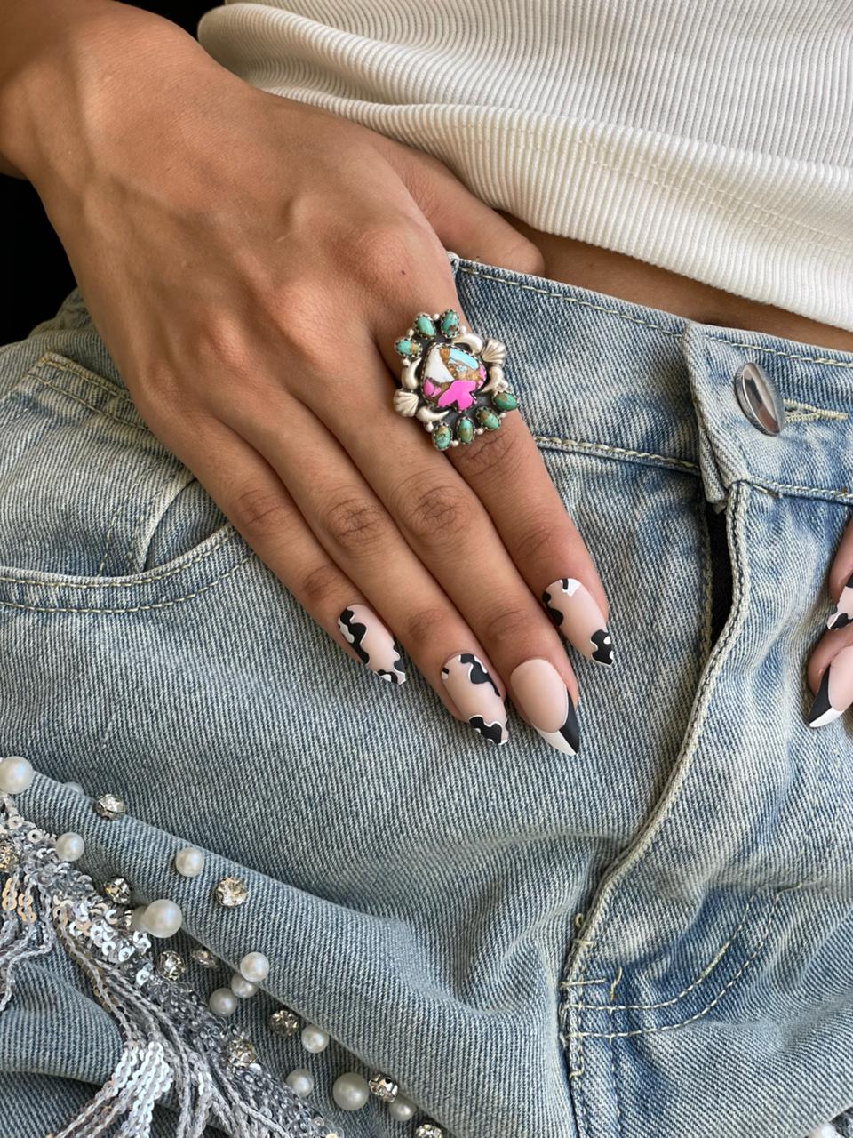 Handmade Sterling Silver Cotton Candy with Kingman Turquoise Adjustable Ring "Signed Nizhoni"