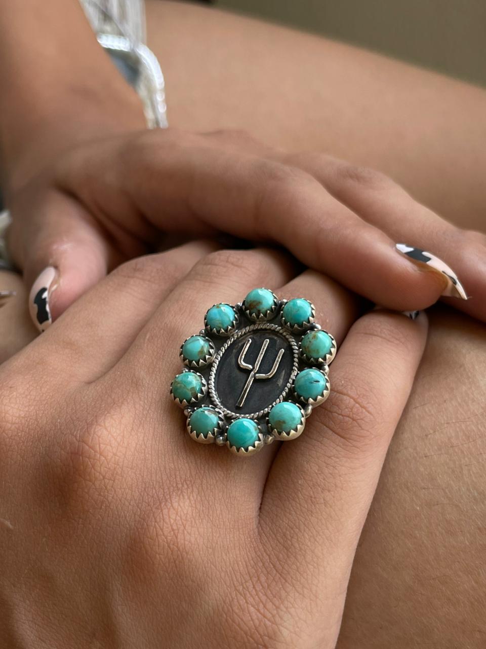 Handmade Sterling Silver Kingman Turquoise Cactus cAdjustable Ring "Signed Nizhoni"
