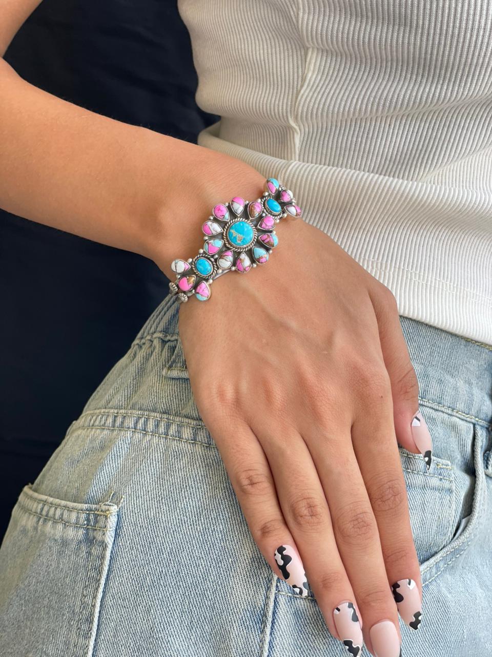 Handmade Sterling Silver Sierra Bella Turquoise with Cotton Candy Cuff Bracelet "Signed Nizhoni"