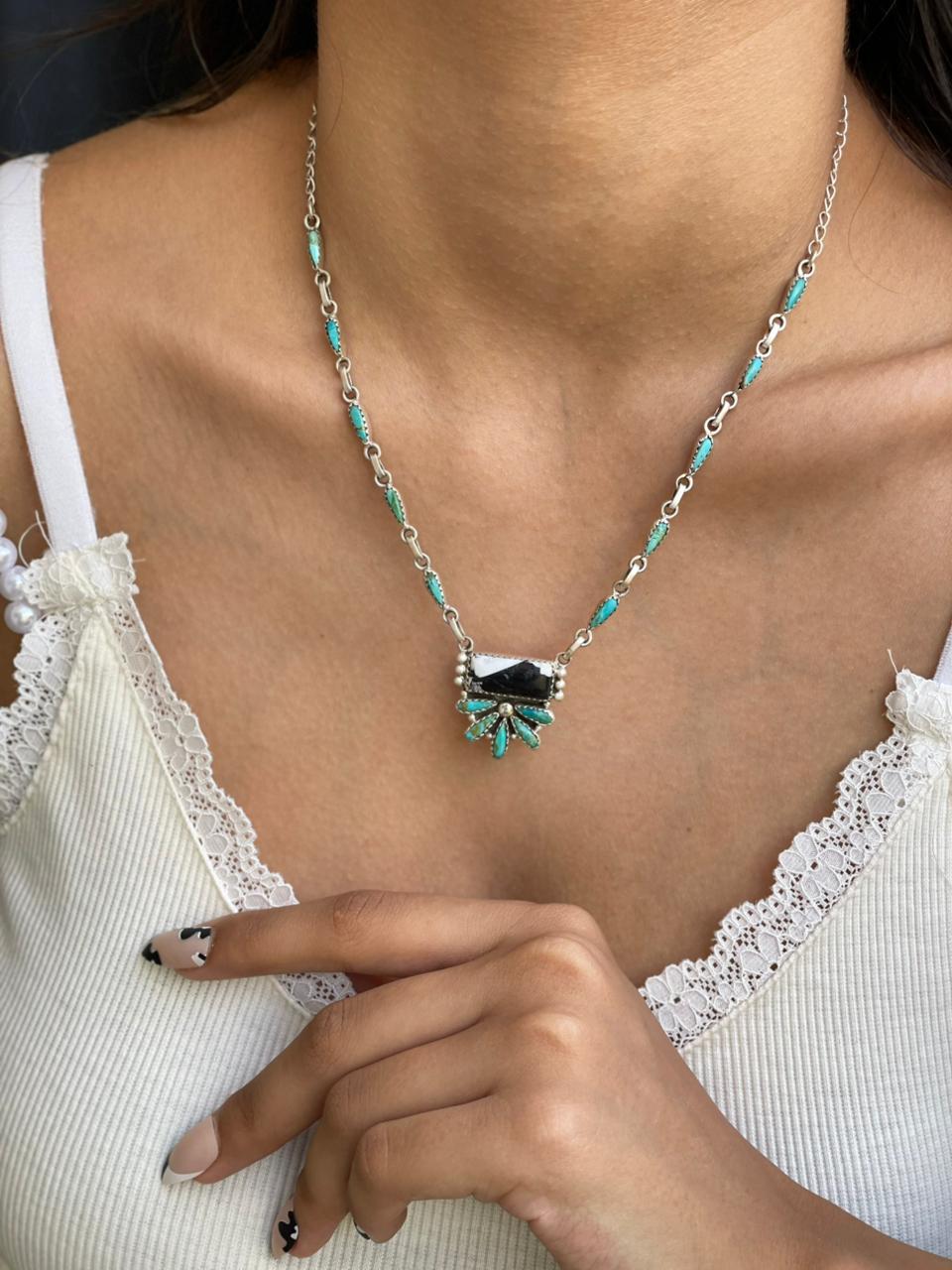 Handmade Sterling Silver Kingman Turquoise with White Buffalo Necklace "Signed Nizhoni"