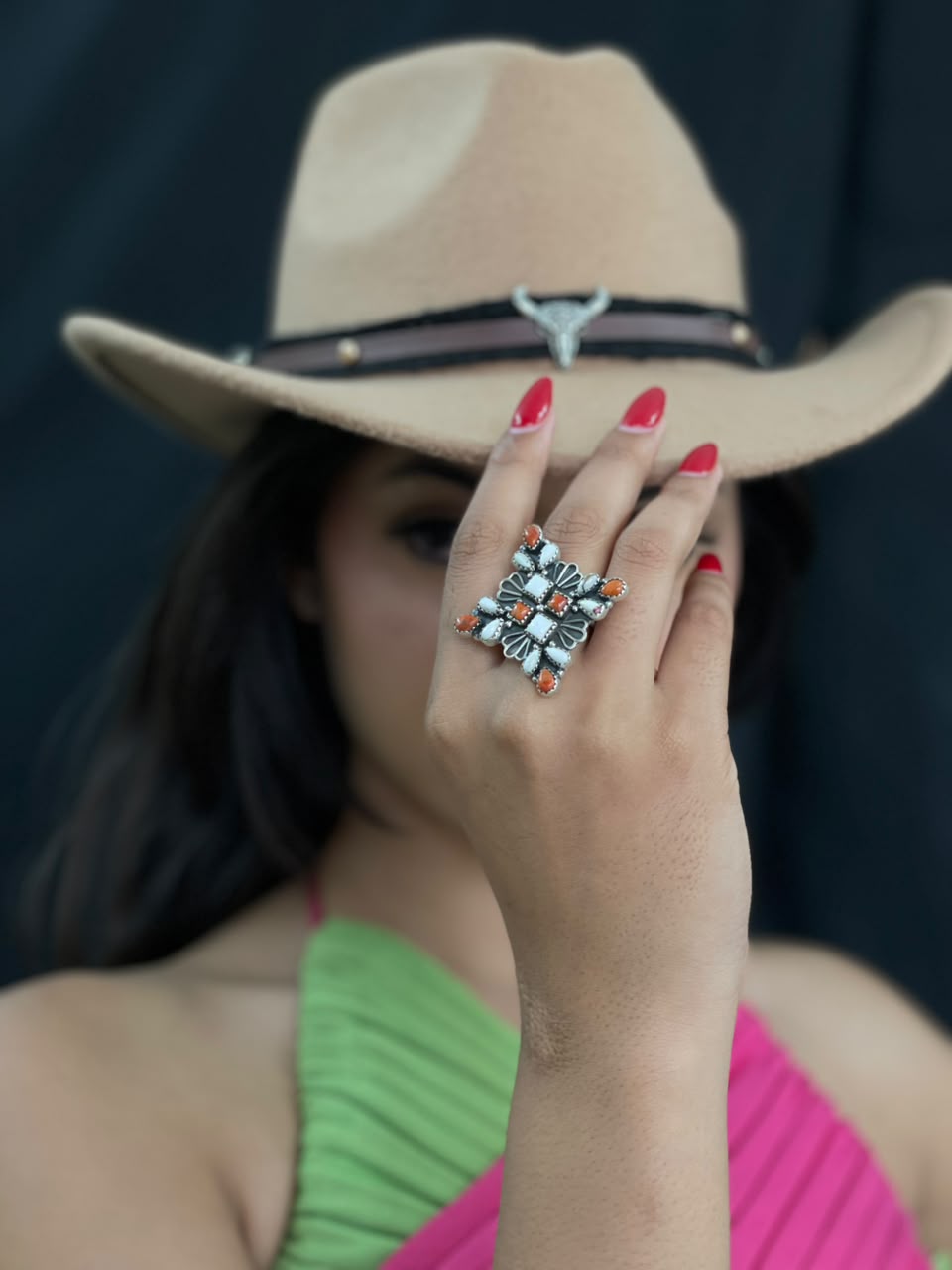 Handmade Sterling Silver Orange Mojave with White Buffalo Adjustable Ring Signed Nizhoni