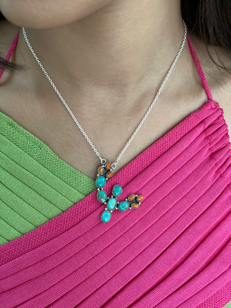 Handmade Sterling Silver Kingman Turquoise with Orange Mojave Necklace Signed Nizhoni