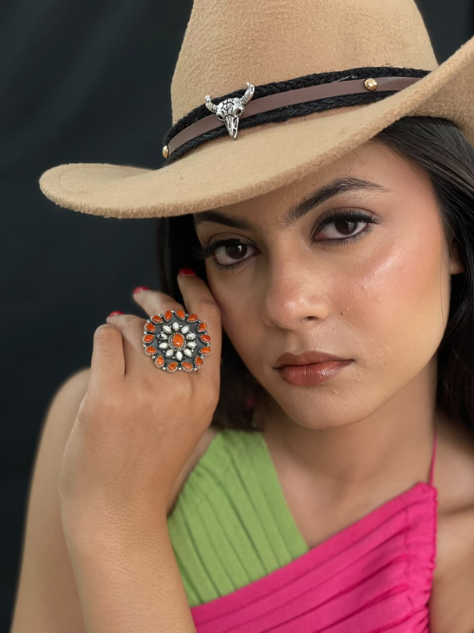 Handmade Sterling Silver Orange Mojave with White Buffalo Adjustable Ring Signed Nizhoni