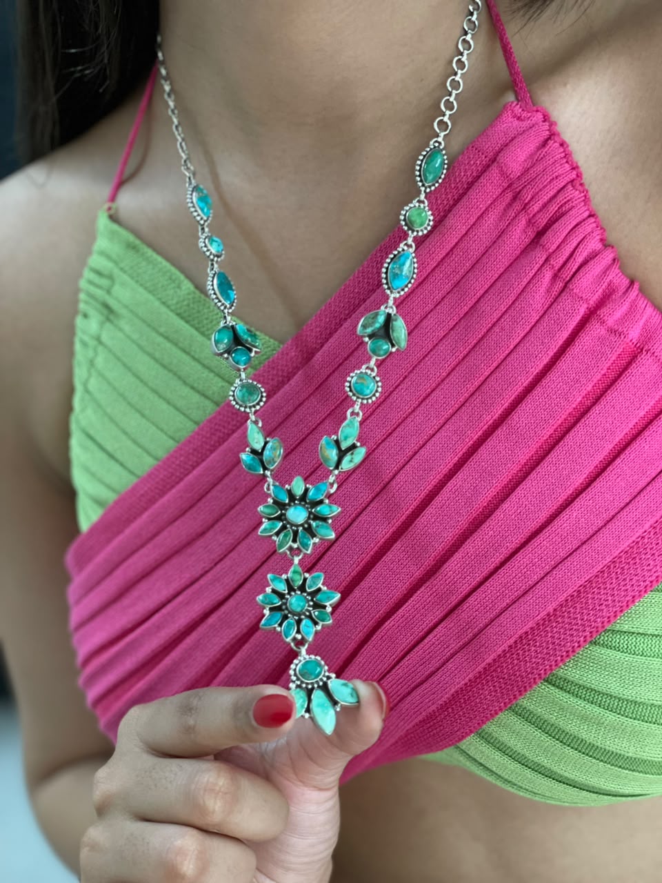 Handmade Sterling Silver Emerald Valley Turquoise Collection: Necklace Signed Nizhoni
