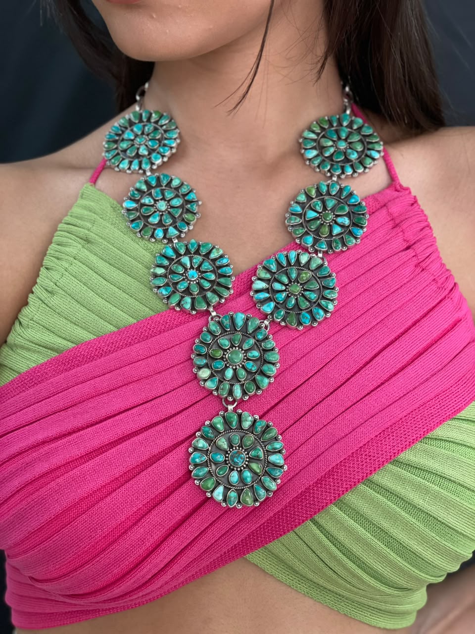 Handmade Sterling Silver Emerald Valley Turquoise Collection: Necklace Signed Nizhoni