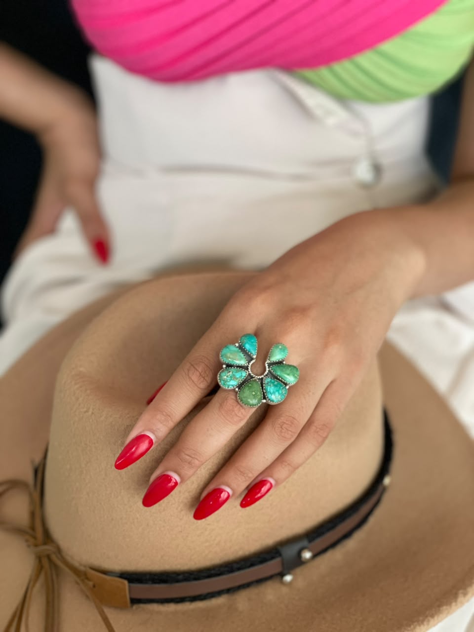Handmade Sterling Silver Emerald Valley Turquoise Collection: Adjustable Naja Ring Signed Nizhoni