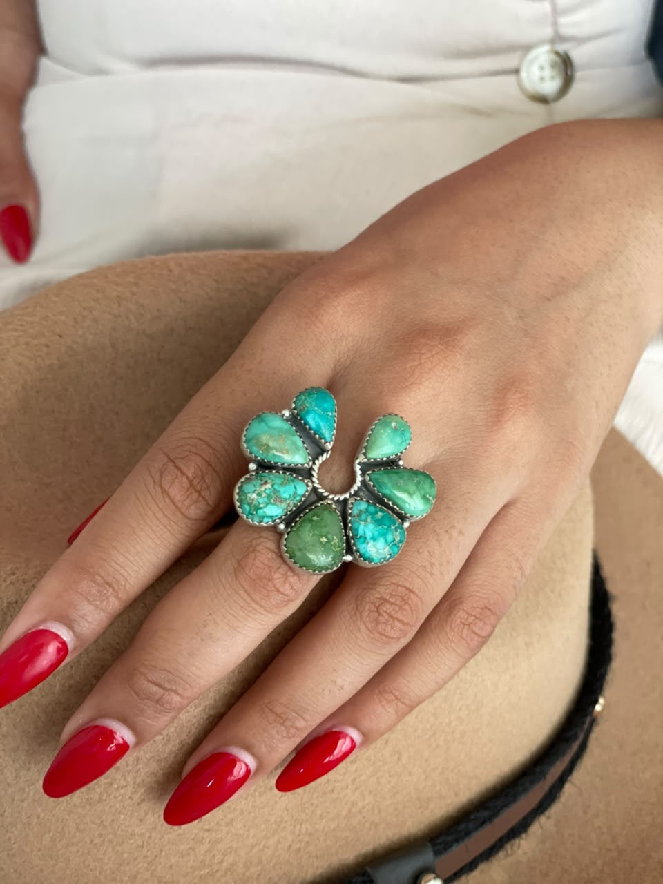 Handmade Sterling Silver Emerald Valley Turquoise Collection: Adjustable Naja Ring Signed Nizhoni