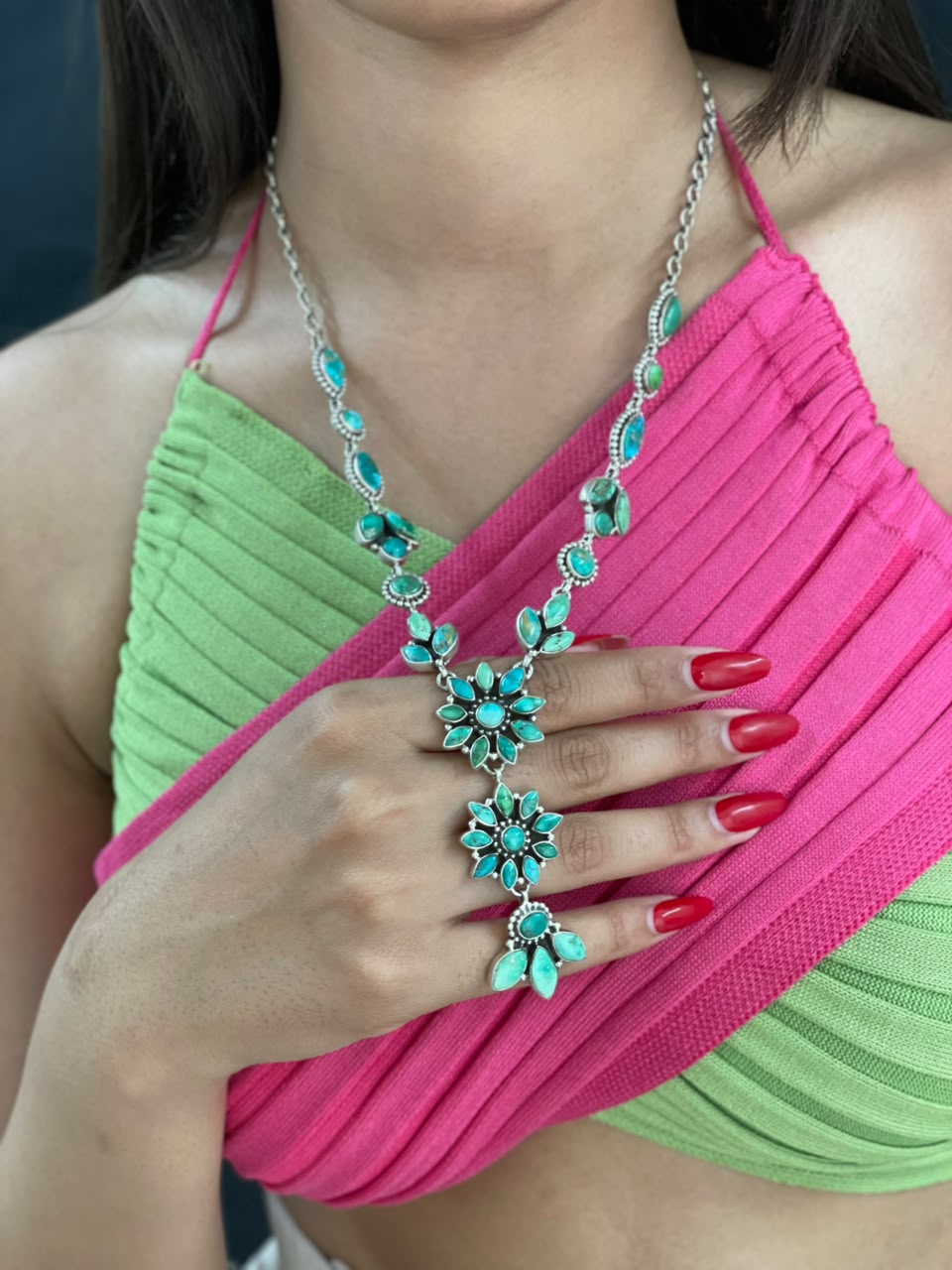 Handmade Sterling Silver Emerald Valley Turquoise Collection: Necklace Signed Nizhoni