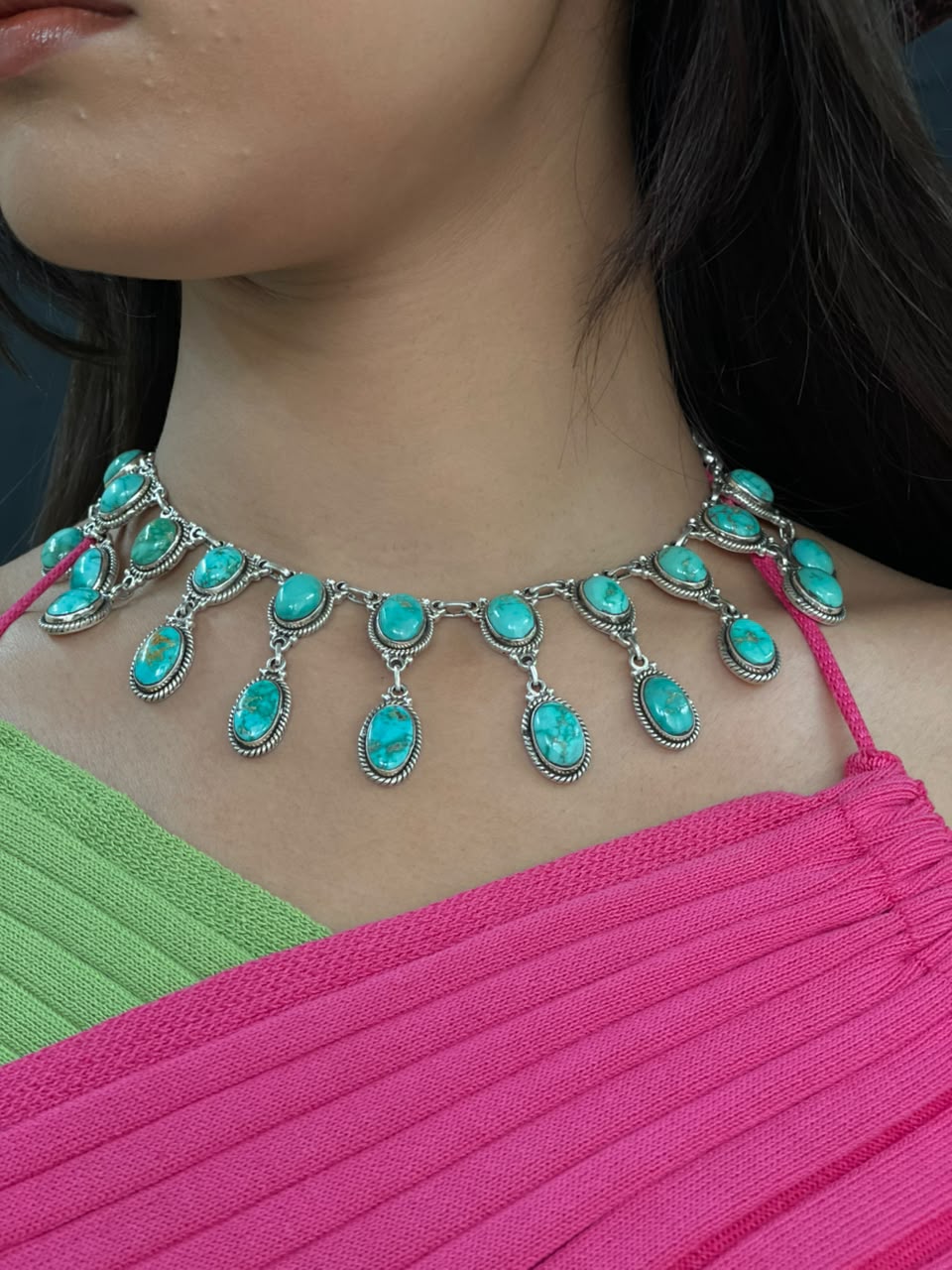 Handmade Sterling Silver Emerald Valley Turquoise Collection: Necklace Signed Nizhoni