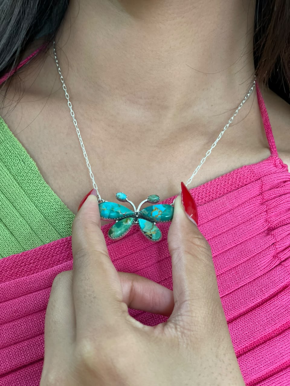 Handmade Sterling Silver Kingman Turquoise Butterfly Necklace Signed Nizhoni