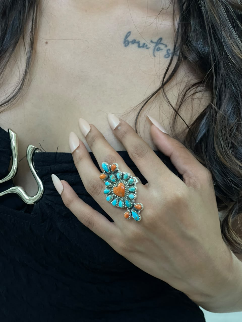 Handmade Sterling Silver Kingman Turquoise with Orange Mojave Adjustable Ring Signed Nizhoni