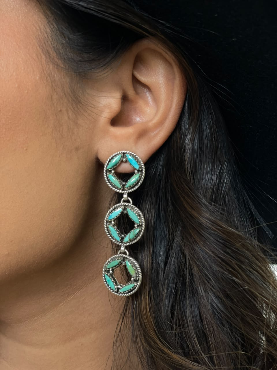 Handmade Sterling Silver Kingman Turquoise Post Dangle Earrings Signed Nizhoni