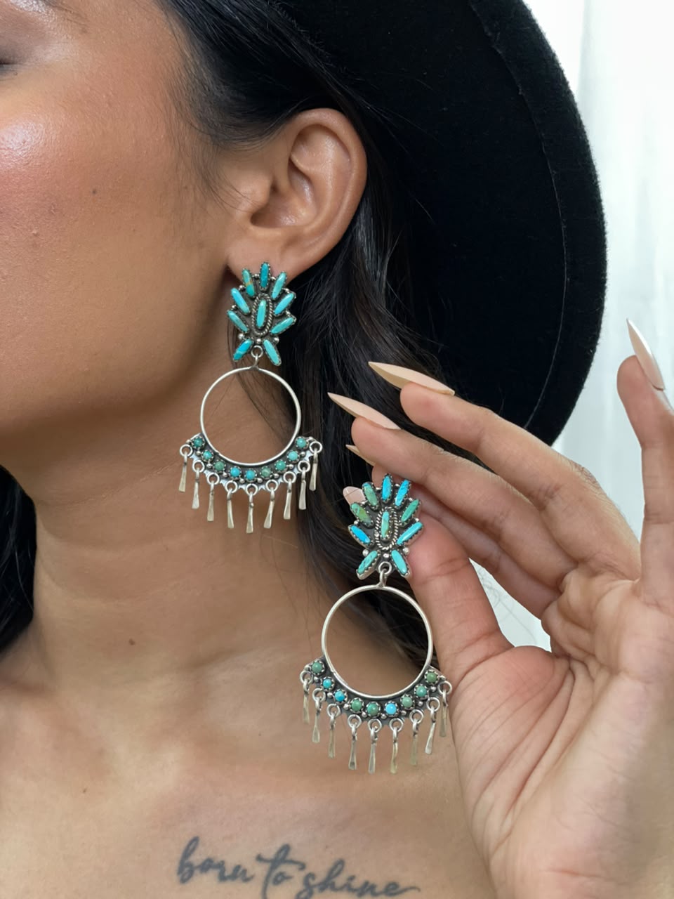 Handmade Sterling Silver Kingman Turquoise Post Dangle Earrings Signed Nizhoni