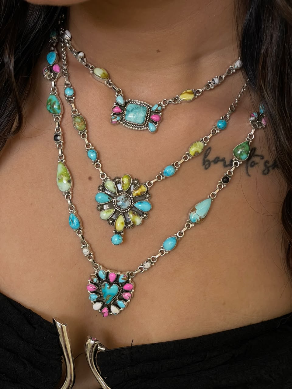 Handmade Sterling Silver White Water with Sierra Bella, Sonoran Mountain, Golden Hills, White Buffalo, Cotton Candy and Palomino Turquoise Layered Necklace Signed Nizhoni