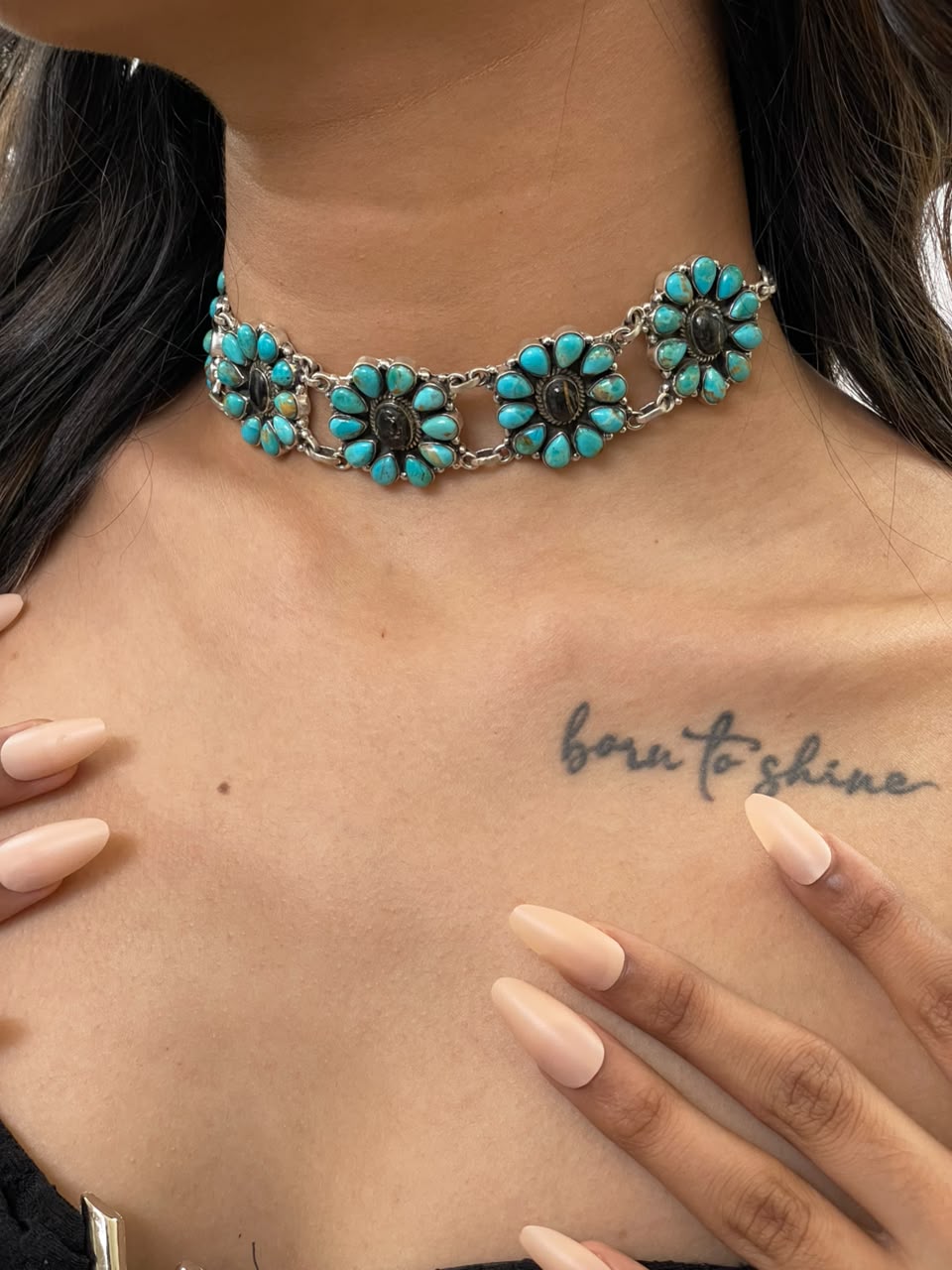 Handmade Sterling Silver Blackjack with Kingman Turquoise Choker Necklace Signed Nizhoni