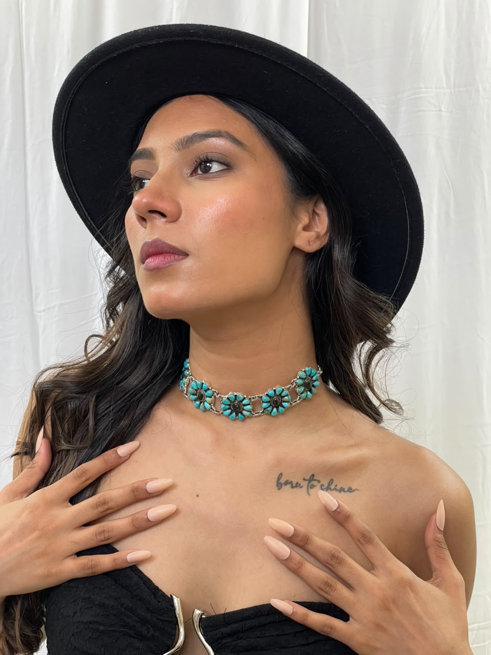 Handmade Sterling Silver Blackjack with Kingman Turquoise Choker Necklace Signed Nizhoni