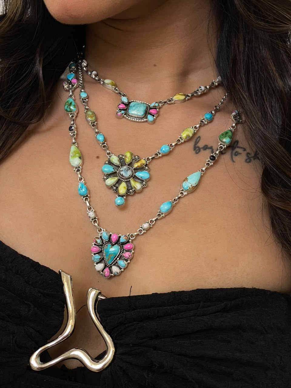 Handmade Sterling Silver White Water with Sierra Bella, Sonoran Mountain, Golden Hills, White Buffalo, Cotton Candy and Palomino Turquoise Layered Necklace Signed Nizhoni