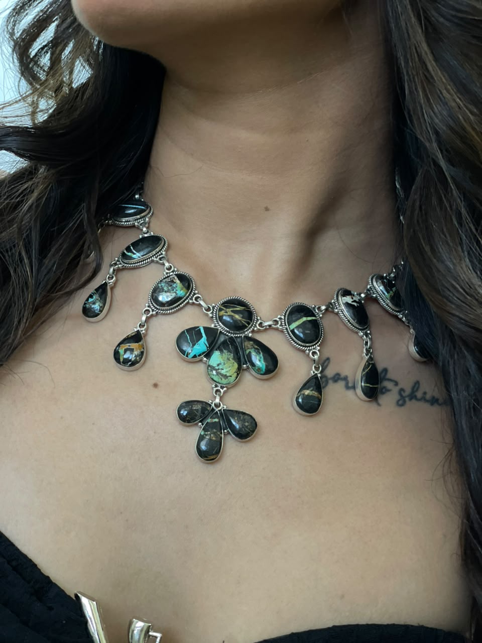 Handmade Sterling Silver Blackjack Turquoise Collection: Necklace Signed Nizhoni