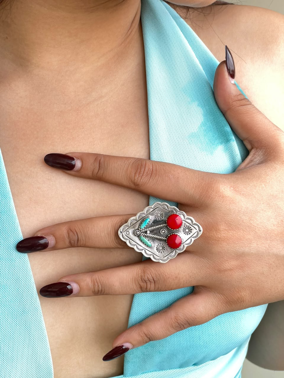 Handmade Sterling Silver Kingman Turquoise with Rosarita Adjustable Cherry Ring Signed Nizhoni