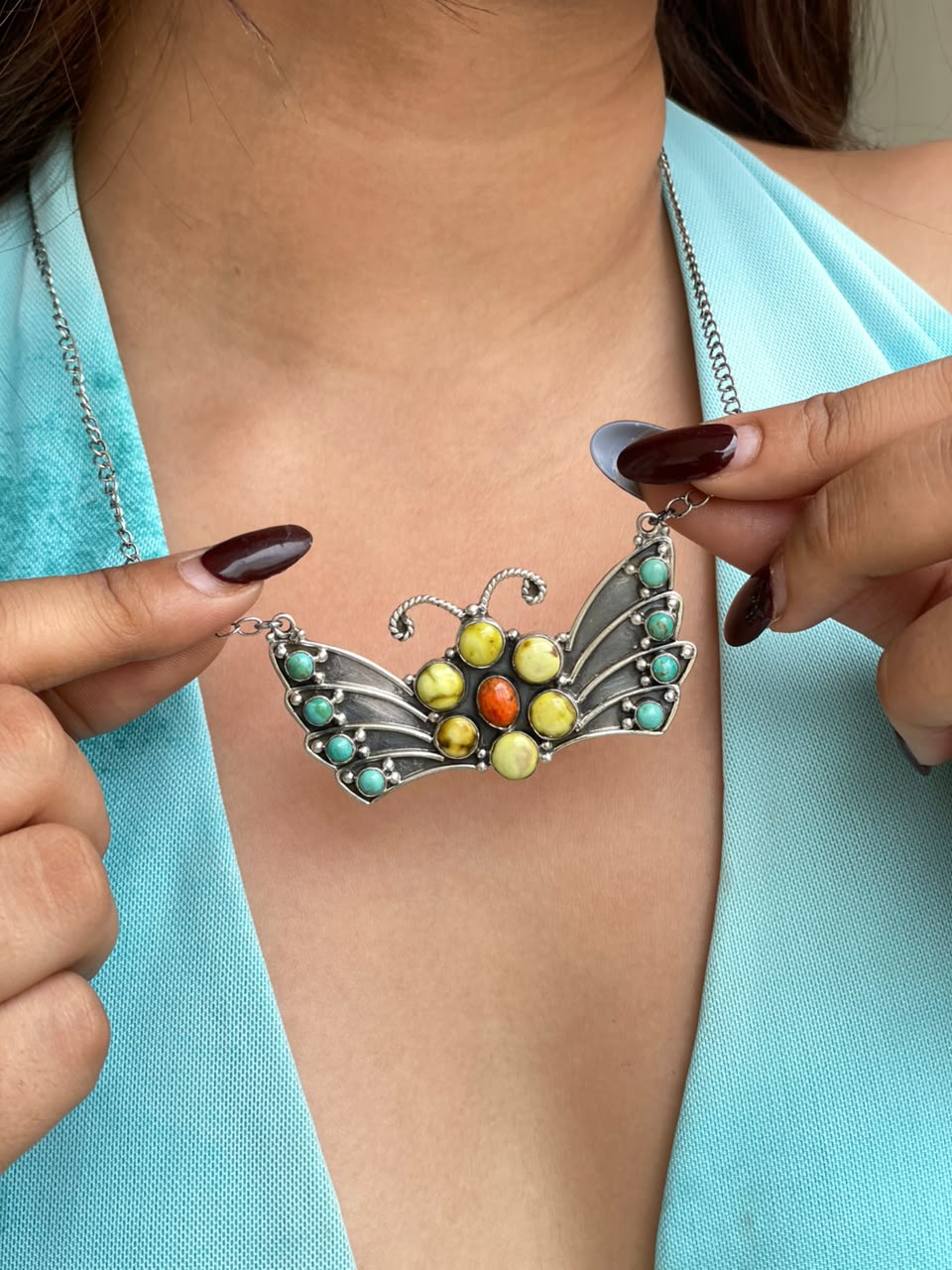 Handmade Sterling Silver Palomino with Kingman Turquoise and Orange Mojave Butterfly Necklace Signed Nizhoni