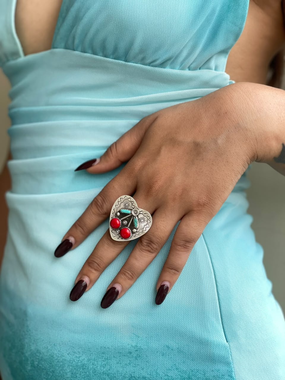 Handmade Sterling Silver Kingman Turquoise with Rosarita Adjustable Cherry Ring Signed Nizhoni