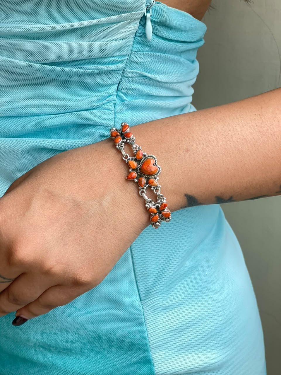Handmade Sterling Silver Orange Mojave Chain Bracelet Signed Nizhoni