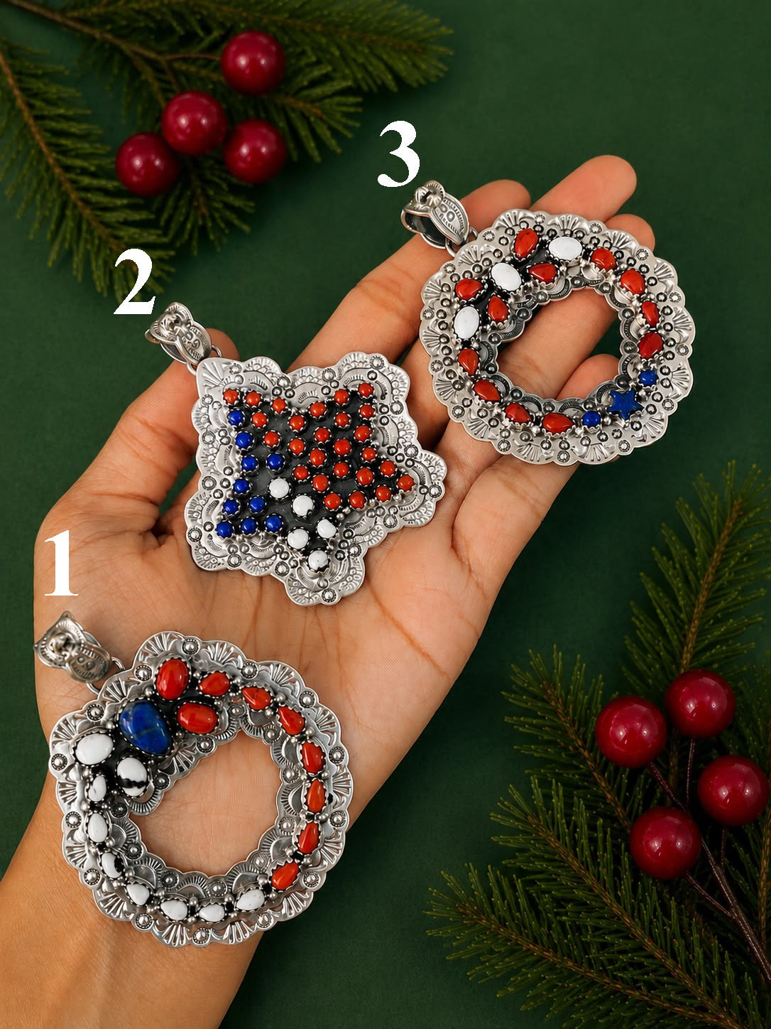 Handmade Sterling Silver Lapis with Coral and White Buffalo Christmas Ornaments Collection: Pendant Signed Nizhoni (1)