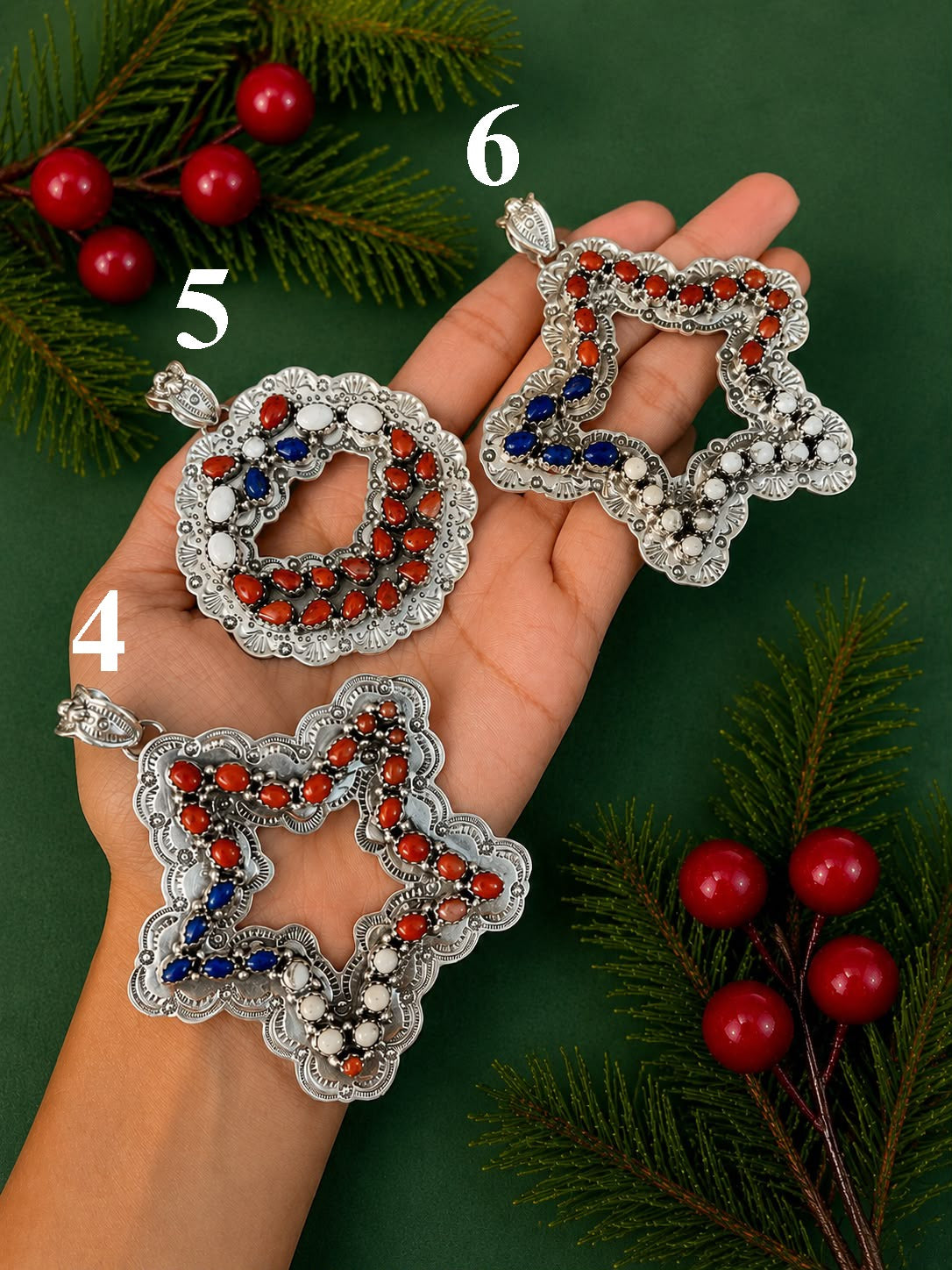 Handmade Sterling Silver Lapis with Coral and White Buffalo Christmas Ornaments Collection: Pendant Signed Nizhoni (1)