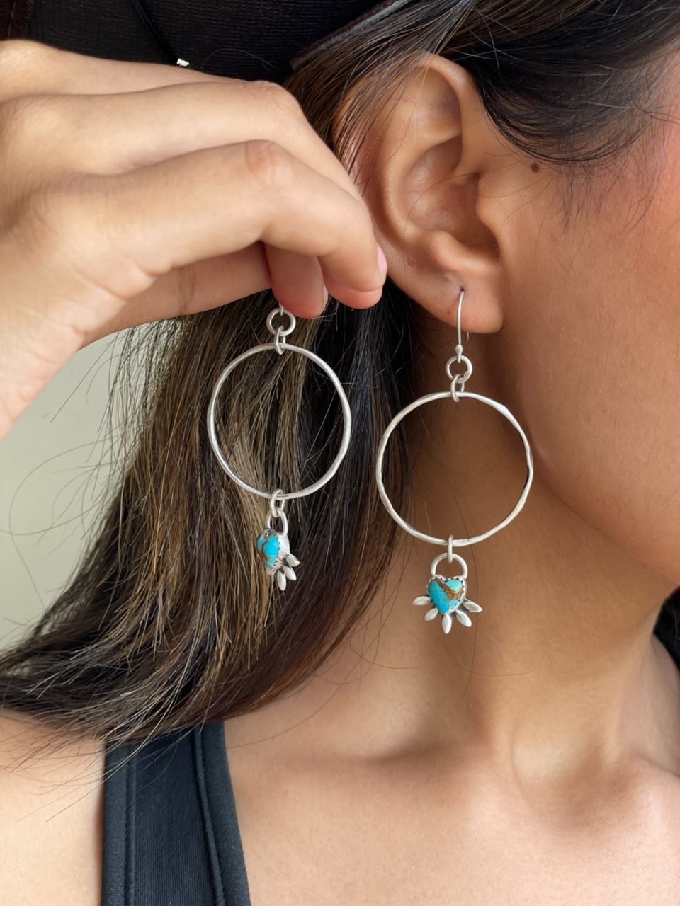Handmade Sterling Silver Kingman Turquoise Hoops Earrings Signed Nizhoni