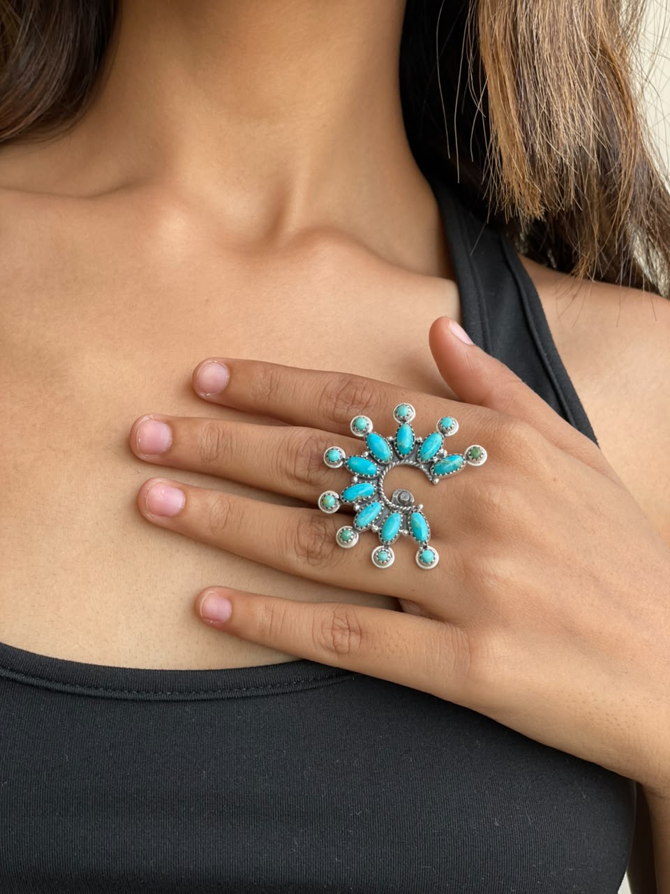 Handmade Sterling Silver Kingman Turquoise Adjustable Naja Ring Signed Nizhoni